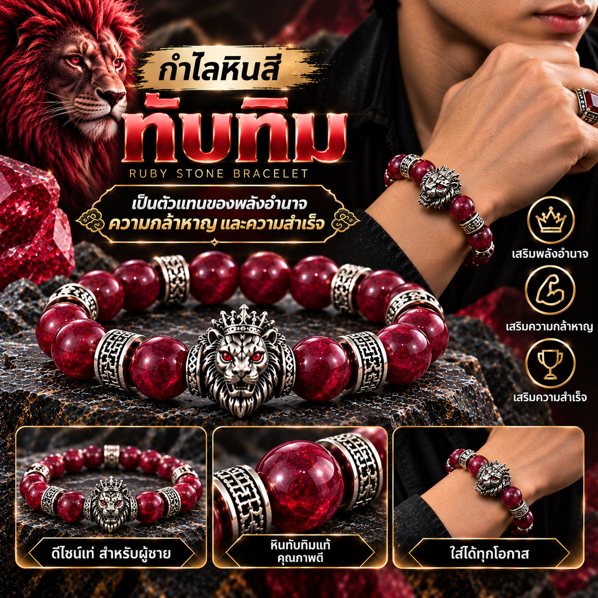 กำไลหินสี สร้อยข้อมือหินสี ❤️หินทับทิม - ป็นตัวแทนของพลังอำนาจ ความกล้าหาญ และความสำเร็จ