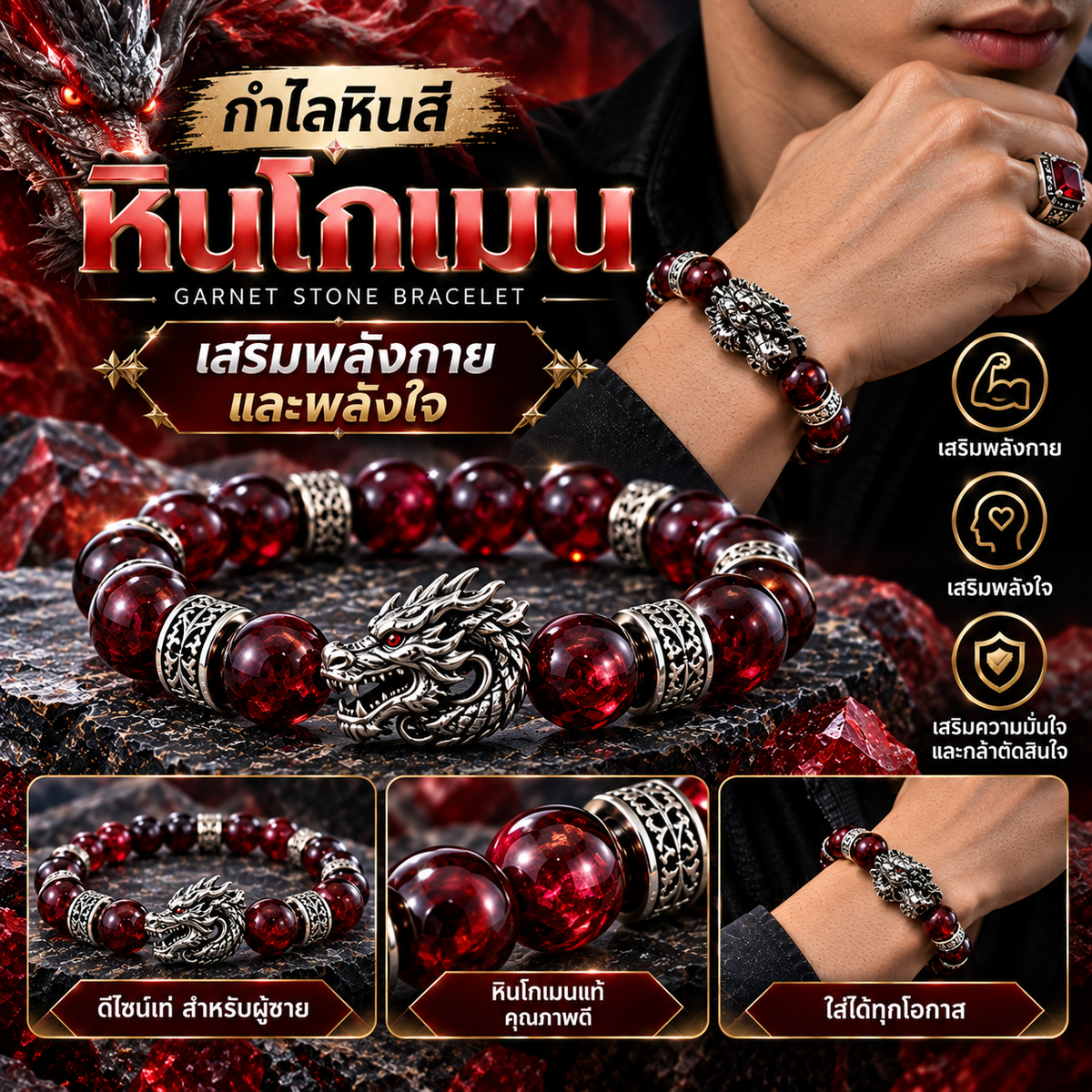 กำไลหินสี สร้อยข้อมือหินสี  🐉 หินโกเมน - เสริมพลังกายและพลังใจ